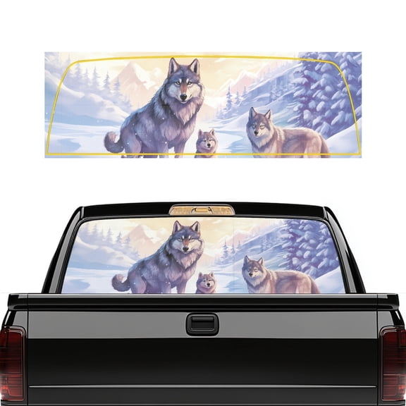 SEANATIVE Pickup Truck Rear Window Decal 66.9" x 22.4", Waterproof Car Back Window Graphic Decal Easy to Install Pickup Sun Shade Graphic Sticker Car Decor, Cartoon Wolf Snowy Mountain