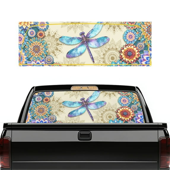 SEANATIVE Pickup Truck Rear Window Decal Perforated Vinyl See Through Graphic Sticker UV Protection Waterproof Easy Installation Universal Fit Automotive Decals, Boho Floral Dragonfly Blue