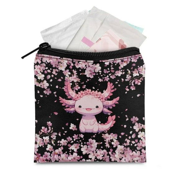 SEANATIVE Pink Axolotl Sanitary Napkin Storage Bag for Girls 2 Piece Cherry Blossom Menstruation First Period Bag for Women Soft Sanitary Napkin Pouch with Zipper Make Up Pouch