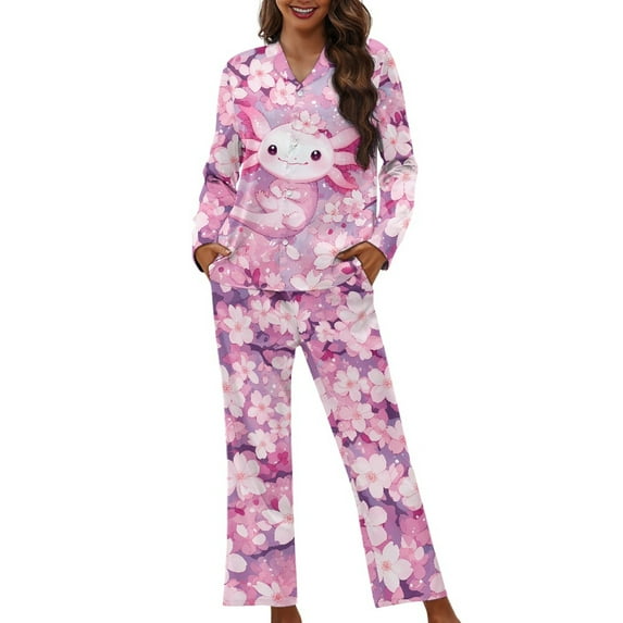 SEANATIVE Pink Axolotl Womens Button Up Pajamas Size 4XL Cherry Blossom Sleepwear Pj Set of 2 Long Sleeve Top and Pants Loungewear Plus Size Button Down Pajamas Jogger Outfits