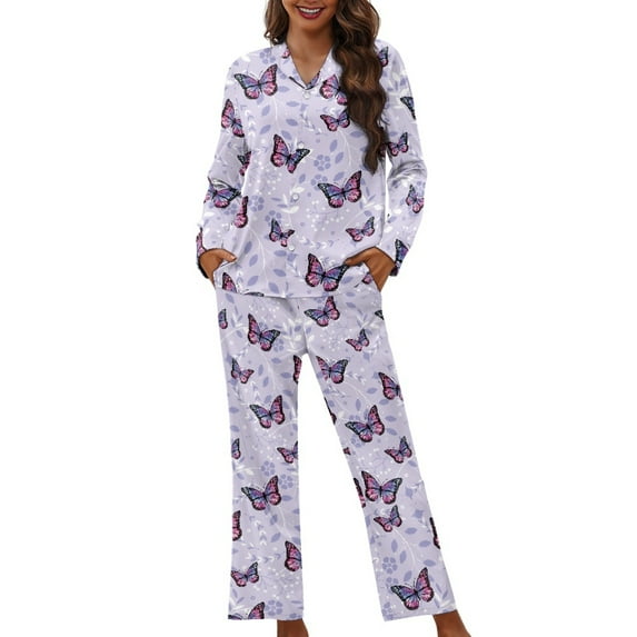 SEANATIVE Pink Butterfly Button Up Pajamas for Women 2 Piece Womens Long Sleeve Pajama Sets Size M Cover Ups for Women Daily Loungewear and Pants Sleepwear Outfits with Pockets