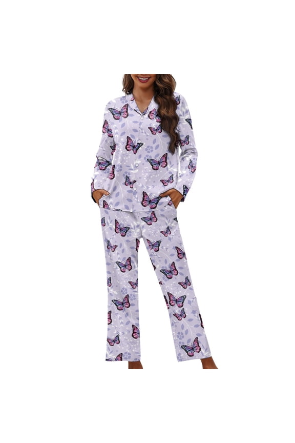 Pink Butterfly Button Up Pajamas for Women 2 Piece Womens Long Sleeve Pajama Sets Size XL Cover Ups for Women Daily Loungewear and Pants Sleepwear Outfits with Pockets