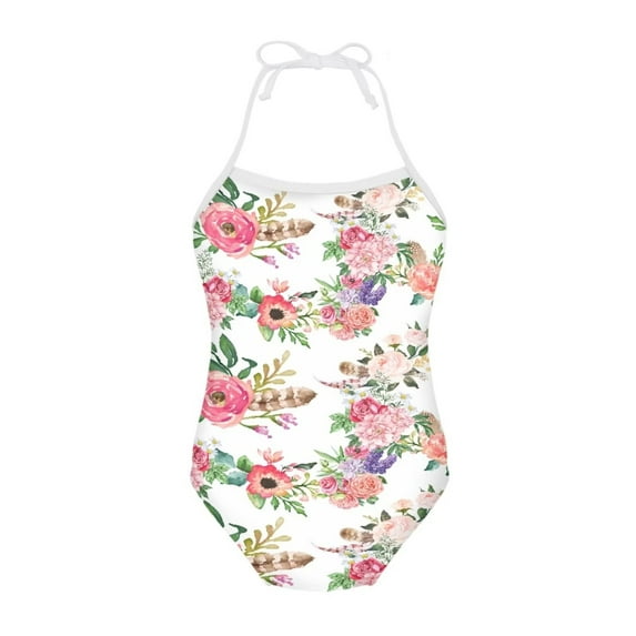 SEANATIVE Pink Flowers Lace Up Swimsuit Breathable Summer Swimwear Aesthetic Size 1-2 T Quick Dry Beach Bathing Suit for Kids Girls