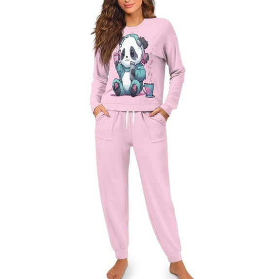 SEANATIVE Pink Panda Pajamas for Women Set of 2 Long Sleeve Pj Loungewear Tops and Pants with Pockets Ladies Nightwear with Elastic Ribbed Ankle Cuffs Women Sleepwear Plus Size XL