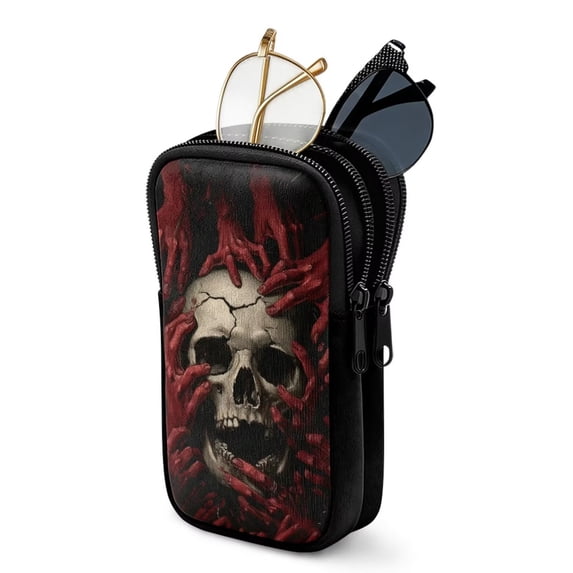 SEANATIVE Portable Sunglasses Case Neoprene Eyeglasses Pouch with Zipper, Dual Compartment Glasee Pouch Lightweight Protective Eyewear Case Multifunctional Glasses Bag, Red Skull Pattern
