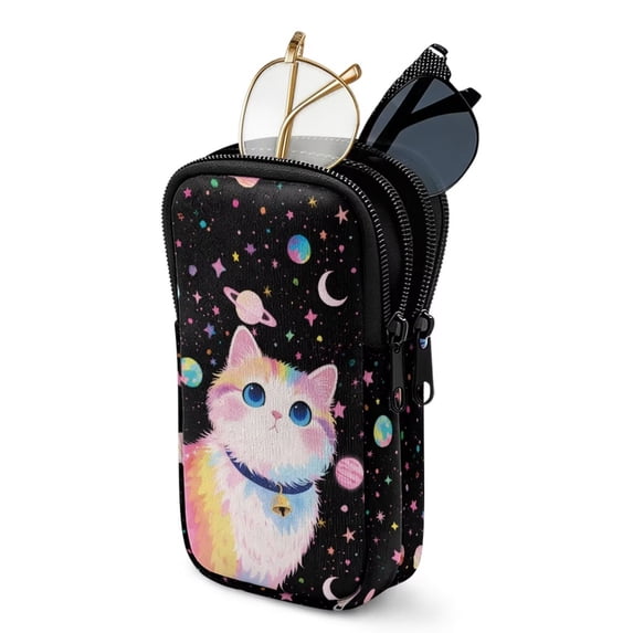 SEANATIVE Printed Double Glasses Case for Women, Neoprene Zipper Eyeglass Pouch Water-Resistant Scratch-Proof Lightweight Travel Glasses Bag for Eyeglasses Sunglasses, Cat Star Galaxy Print Black