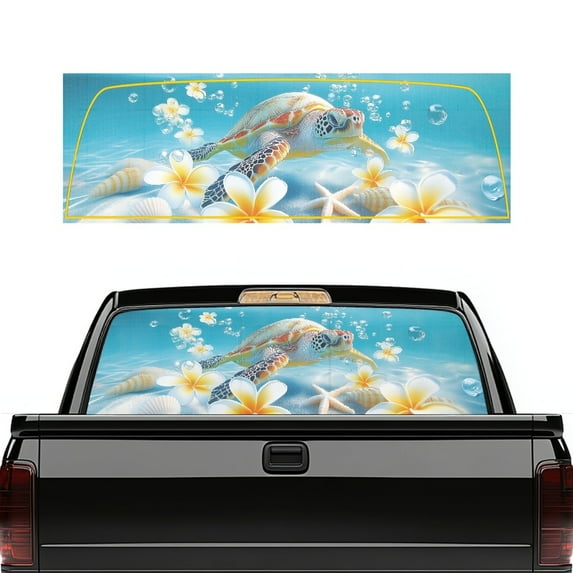 SEANATIVE Printed Graphic Decal for Truck Back Window, See Through Perforated Vinyl Graphic UV Protection Window Film Universal Automotive Decor, Sea Turtle Frangipani Starfish Seashell Blue