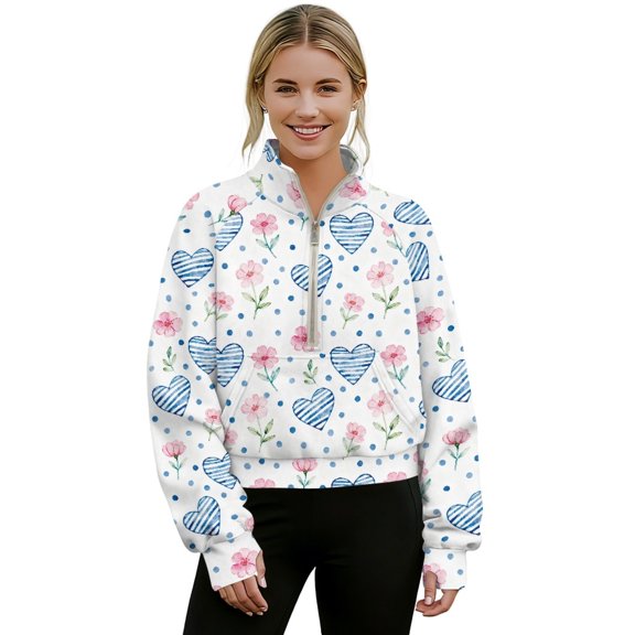 SEANATIVE Pullover Sweatshirt for Women Crop Pullover Women Half Zip Activewear Tops Long Sleeve Thumbhole Soft Sweatshirt for Valentine's Day, L, Pink Flower Heart Dots Blue White