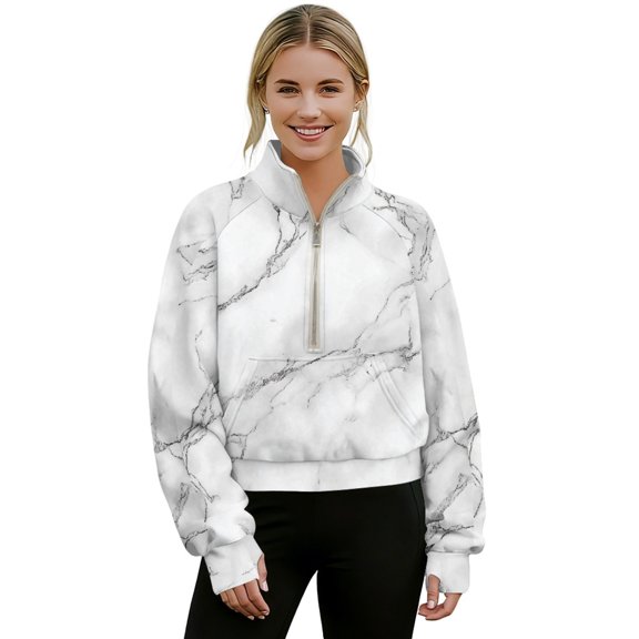 SEANATIVE Pullover Sweatshirt for Women with Pockets Gym Workout Tops Lightweight Soft Sweatshirt Thumbhole Long Sleeve Oversized Pullover Streetwear, XS, Marble White Gray