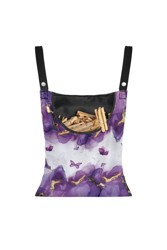 Purple Marble Clothespin Pouch Set 2 Piece Butterfly Clothespin Bag with Hanging Hook Soft Clothes Pin Hanging Bag Clothespin Storage Organize Clothespin Bag