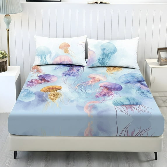 SEANATIVE Queen Fitted Sheet Set 3 Piece, with 1 pcs Mattress Cover 2 pcs Pillow Covers, Elastic Fabric Sheet Set, Fade-Resistant Dustproof Bed Protector, Jellyfish Print Blue Violet