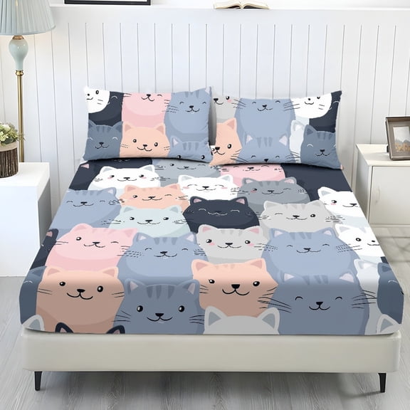 SEANATIVE Queen Fitted Sheet Set 3 Piece, with Mattress Cover Pillow Covers, Stretchy Elastic Fabric Sheet Set, Fade-Resistant Dustproof Bed Protector, Cartoon Cat Pattern