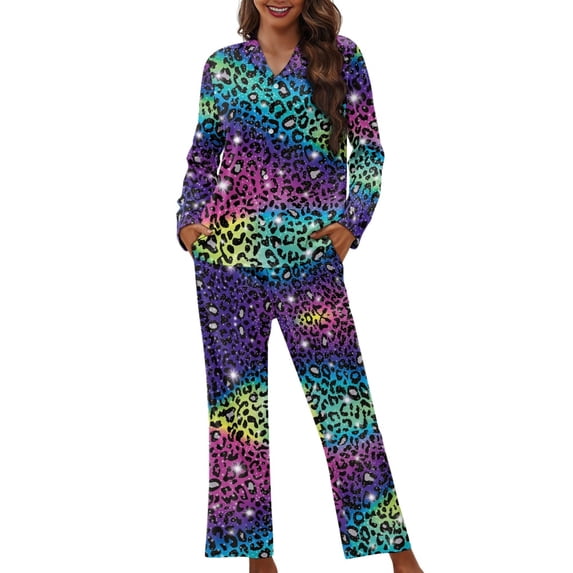 SEANATIVE Rainbow Leopard Print Button Up Pajamas for Women Size XS Long Sleeve Button Down Sleepwear Two Piece Cover Ups for Women Ladies Night Wear Jogger Outfits