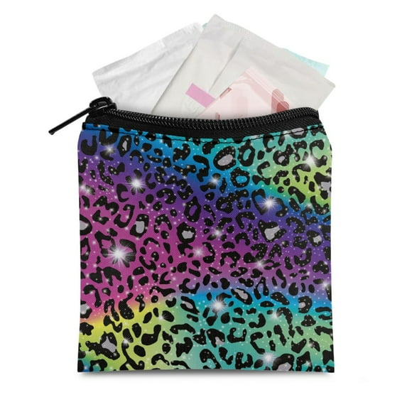 SEANATIVE Rainbow Leopard Print Sanitary Napkin Storage Bag for Women Girls Feminine Hygiene Organizer with Zipper Portable Period Bag for School Office