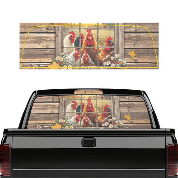 SEANATIVE Rear Window Decal for Trucks,Decorative UV Resistant Car Back Window Graphic Perforated Vinyl Film Scratch-resistant Universal Pickup Sticker, Chicken Rooster Wood Grain Daisy