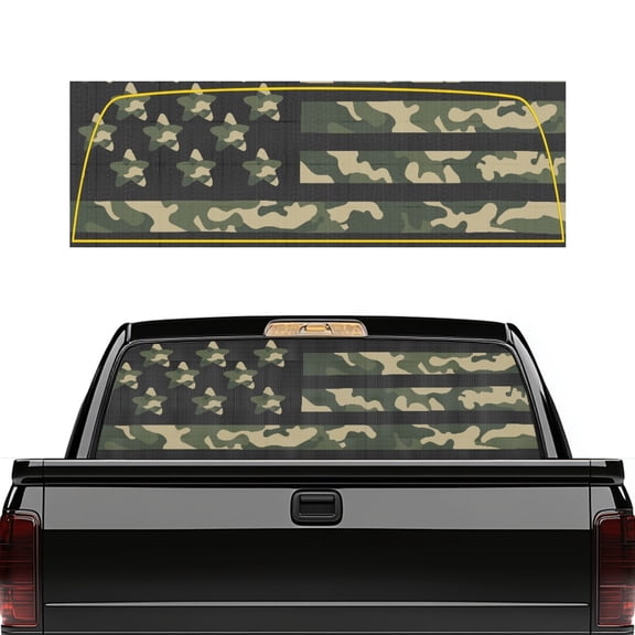 SEANATIVE Rear Window Decals for Trucks 66 x 22 Inch Pickup Back Window Tint Graphic See Through Vinyl Wrap Sun Block Coverage for Patriotic Car Decor, Camo American Flag Print