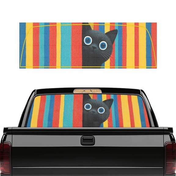 SEANATIVE Rear Window Decals for Trucks 66 x 22 Inch Pickup Back Window Tint Graphic See Through Vinyl Wrap Water-resistant Sun Block Coverage for Car Decor, Funny Black Cat Multicolored Stripes