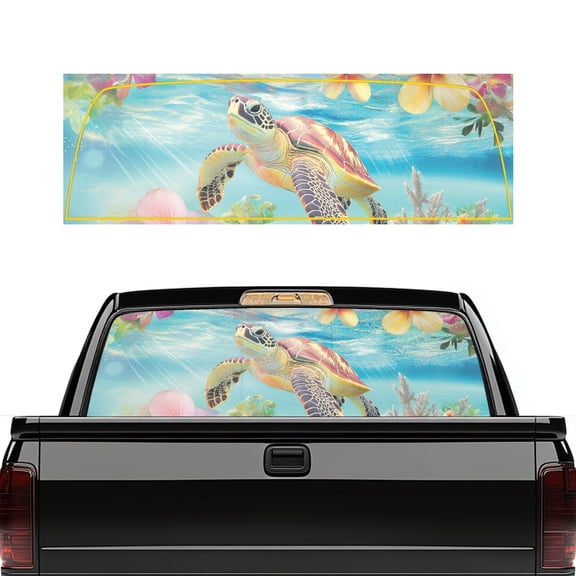 SEANATIVE Rear Window Decals for Trucks 66 x 22 Inch Pickup Back Window Tint Graphic See Through Vinyl Wrap Water-resistant Sun Block Coverage for Car Decor, Tropical Flower Sea Turtle