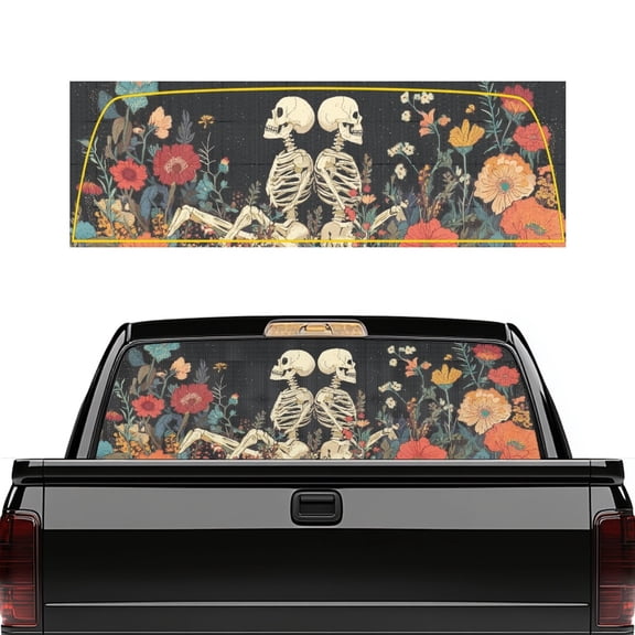 SEANATIVE Rear Window Decals for Trucks Full Back Window Decals Stain-resistant Pickup Graphic Perforated One-Way Vision Film Sticker Car Decoration, Skeleton Floral Valentine's Day Decor