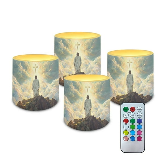 SEANATIVE Remote Control LED Candles Set of 4 Battery Powered Flameless Candles with Multi-Color Lighting Options, Timer Function, for Indoor Outdoor Decor, Cross with Jesus Cloud