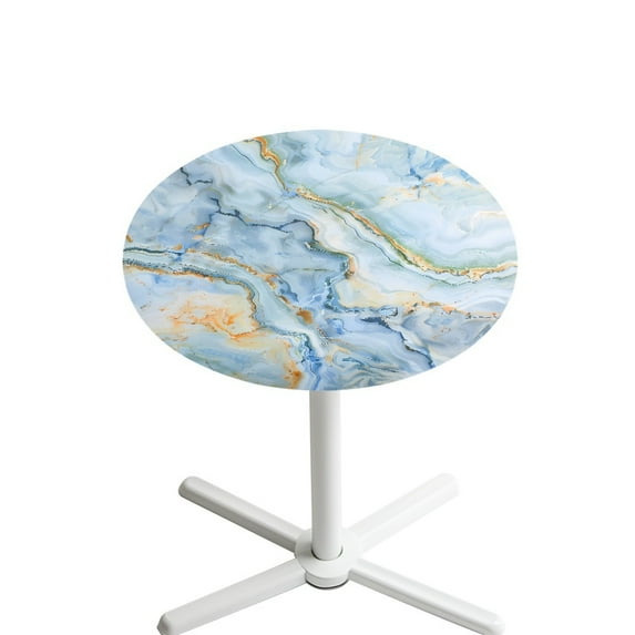 SEANATIVE Round Cocktail Table Covers with Elastic Fit Functional Tablecloths Easy to Use Decorative Small Round Table Topper Cap for Celebrations Parties 24'' Diameter, Marble Light Blue Gold