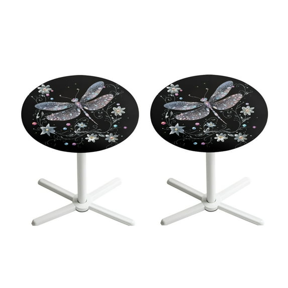 SEANATIVE Round Fitted Tablecloth Set of 2 Decorative Bar Table Cover Stretch Cocktail Table Topper Cap Table Cloth with Elastic Edged for Outdoor Indoor, Dragonfly Flower Pearl Print Black