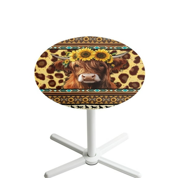 SEANATIVE Round Table Covers with Elastic Edged 24 x 24 Inch Cocktail Tablecloths Decorative High Top Table Cloth Table Decoration for Banquet Celebration, Sunflower Highland Cow Leopard Print
