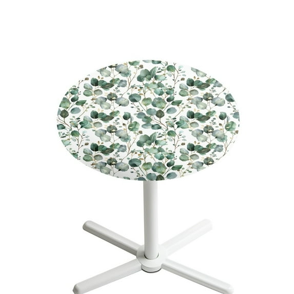 SEANATIVE Round Table Covers with Elastic Edged 24 x 24 Inch Cocktail Tablecloths Decorative High Top Table Cloth Table Decorations for Banquets Celebrations, Eucalyptus Leaf White
