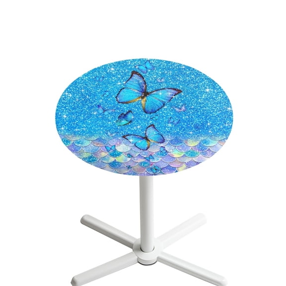 SEANATIVE Round Table Covers Elegant Cocktail Table Topper Cap Bar Tablecloth with Elastic Edge Party Table Decorations for 24'' Diameter Round Tables, Blue Glittering Butterfly Mermaid Scale