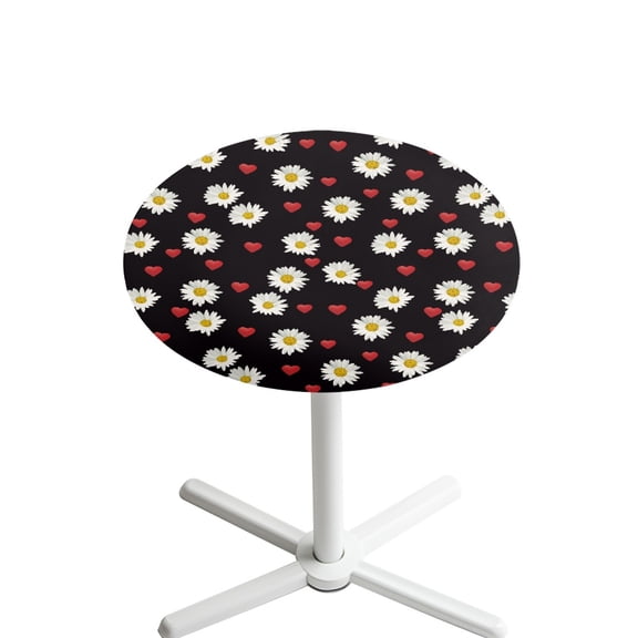 SEANATIVE Round Table Top Covers Decorative Cocktail Table Topper Cap with Elastic Edge Bar Tablecloth Spandex Table Top Covers for 24'' Diameter Cocktail Tables, Daisy Love Heart Shaped Black