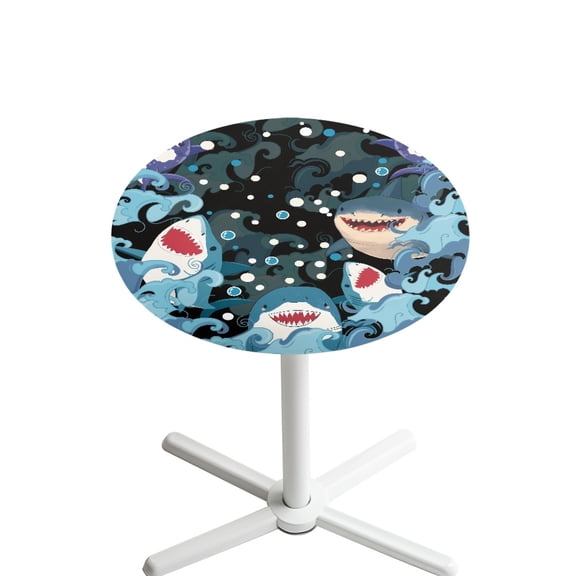 SEANATIVE Round Tablecloth 24'' Diameter Cocktail Table Topper Cap Cover Washable Round Stretch Highboy Table Covers Cloths with Elastic Edge for Round Table, Shark Sea Wave Bubble Blue