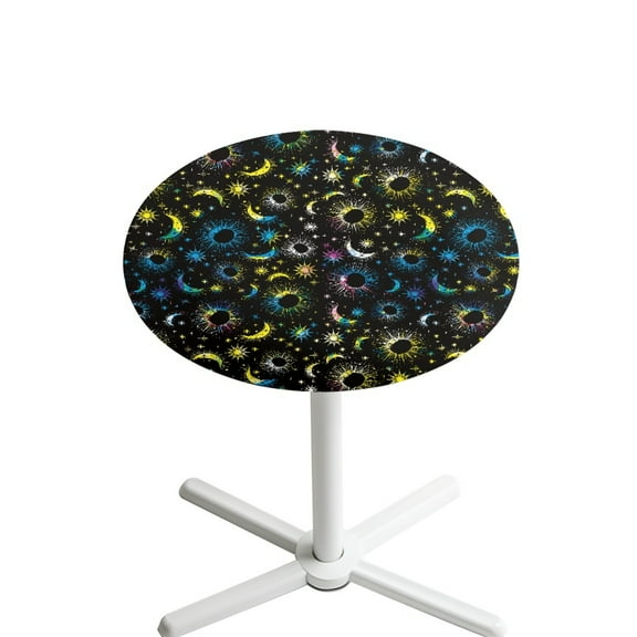 SEANATIVE Round Tablecloths 24'' Diameter Stretch Cocktail Table Top Covers Easy to Care Highboy Table Cloth with Elastic Edges for Bar Pub Cocktail Table, Yellow Blue Moon Star Black