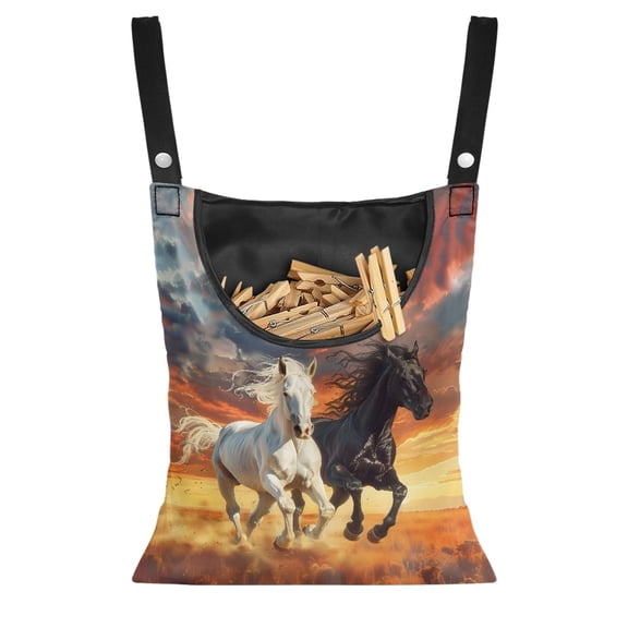 SEANATIVE Running Horse Clothespin Bag with Hanging Rope Washable Summer Laundry Clothes Pin Holder Clothespin Storage Organizer with Large Opening, 14.5 x 12 Inch