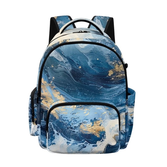 SEANATIVE School Backpack for Kids Lightweight Children Bookbag Travel Daypacks with Front & Side Pockets Students Rucksack for Middle High School, Marble Blue Gold