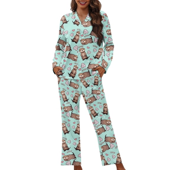 SEANATIVE Sea Otter Button Up Pajamas for Women Size M Long Sleeve Nightwear for Women Sleepwear 2 PCS Long Sleeve Womens Button Down Pajama Sets with Pockets