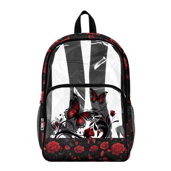 SEANATIVE See Through School Backpack for Kids Clear Transparent Bookbag Floral Printed Heavy Duty PVC Daypack Back to School Essential for Boys Girls Children, Butterfly Rose