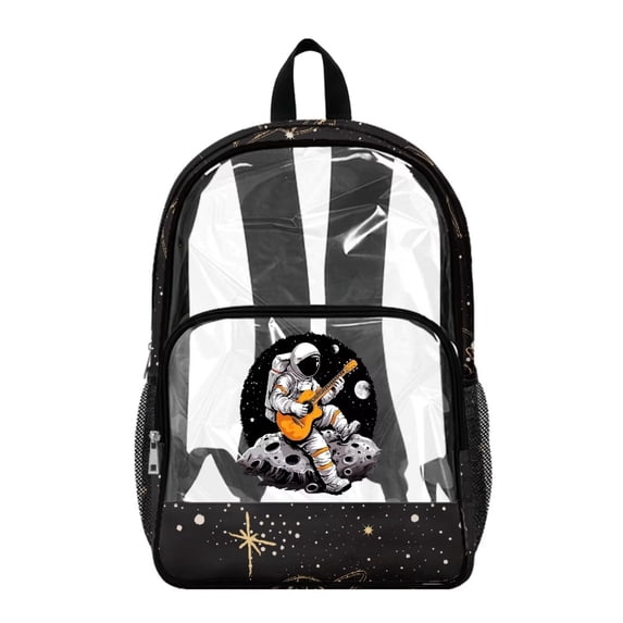 SEANATIVE See Through School Backpack for Kids Clear Transparent Bookbag Heavy Duty PVC Daypack Back to School Essential for Boys Girls Children, Astronaut Guitar Moon Black