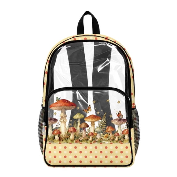 SEANATIVE See Through School Backpack for Kids Clear Transparent Bookbag Heavy Duty PVC Daypack Back to School Essential for Boys Girls Children, Mushroom Butterfly Polka Dots Beige