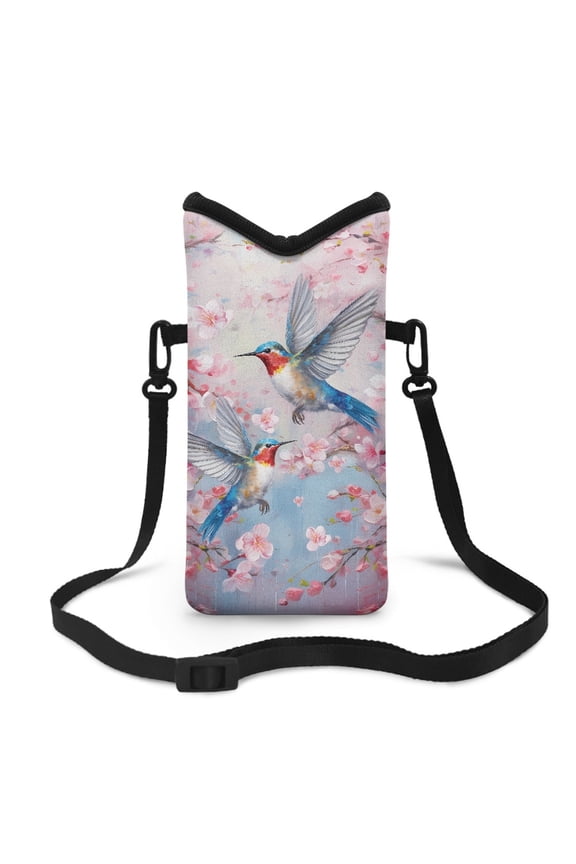 Shockproof Cell Phone Crossbody Bag Mini Shoulder Bag Portable Phone Purse Phone Carrier with Detachable Shoulder Strap for Travel, Walking, Hummingbird Peach Blossom Pink