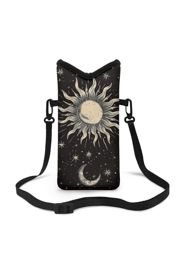 Shockproof Cell Phone Crossbody Bag Mini Shoulder Bag Portable Phone Purse Phone Carrier with Detachable Shoulder Strap for Travel, Walking, Sun Moon Star Black
