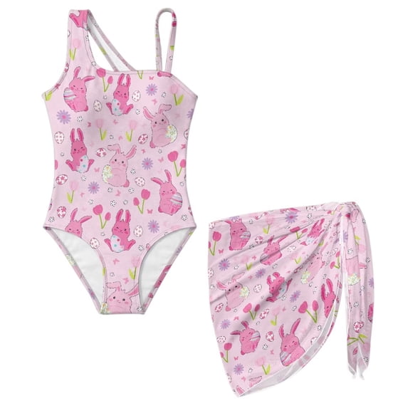 SEANATIVE Size 13-14 Years Girls Swimsuits One Piece Bathing Suit 2 Piece Set with Mesh Sarong Coverup Cut Out Beach Swimwear for Kids Teen Girl, Cartoon Bunny Easter Egg Daisy Pink