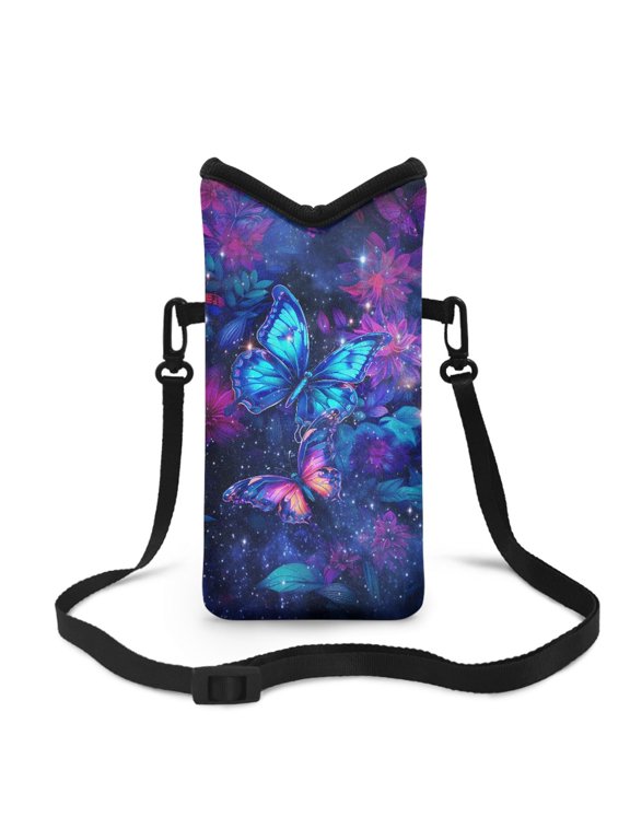 Small Cell Phone Purse Crossbody Bags for Women Men Water-Resistant Phone Bag Case for Cellphone, Keys, Earphone, Cashes, 8 x 4 inch, Galaxy Butterfly Blue Violet Flower Leaf