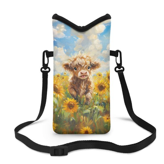 SEANATIVE Small Crossbody Bag for Women Men Waterproof Neoprene Phone Bag Purse with Shoulder Strap Multifunctional Travel Bag for Cellphone Keys Lipstick, Highland Cow Calf Sunflower Blue Sky