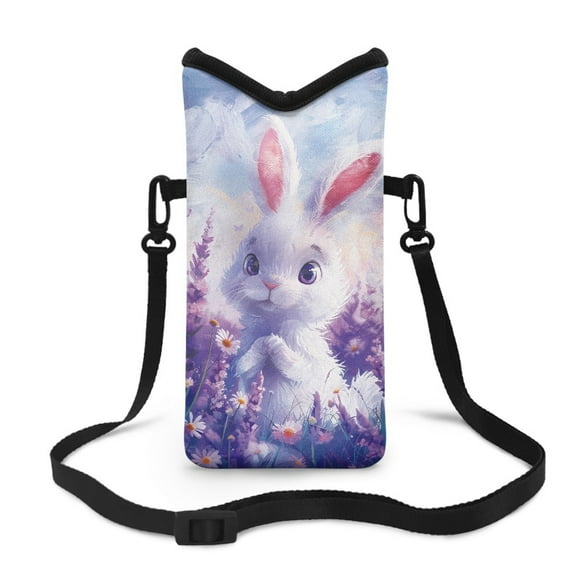 SEANATIVE Small Crossbody Phone Carry Pouch for Women Men with Removable Adjustable Strap Waterproof Mini Shoulder Bag Fits Most Smartphones, 8 x 4 inch, Cute White Rabbit Daisy Flower Violet