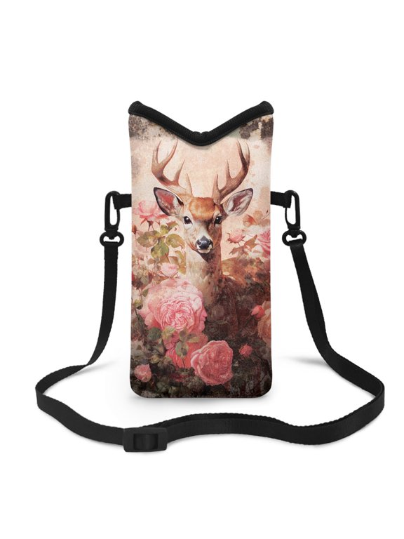 Small Phone Bag Water-Resistant Crossbody Pouch with Adjustable Strap Mini Cell Phone Case Satchel Fits Most Smartphones for Men Women, 8 x 4 inch, Deer Rose Flowers Pink
