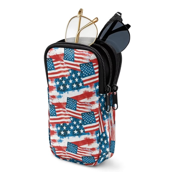 SEANATIVE Soft Neoprene Zipper Eyeglasses Pouch with Double Compartment Glasses Case Water-Resistant Lightweight Portable Eyewear Holder Bag for Women Men Travel, American Flag Print