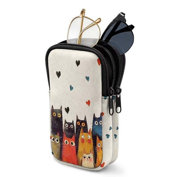 SEANATIVE Soft Neoprene Zipper Eyeglasses Pouch with Double Compartment Glasses Case Water-Resistant Lightweight Portable Eyewear Holder Bag for Women Men Travel, Cute Cartoon Cat Heart Pattern