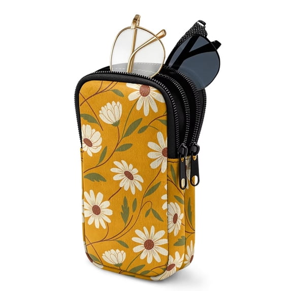SEANATIVE Soft Neoprene Zipper Eyeglasses Pouch with Double Compartment Glasses Case Water-Resistant Lightweight Portable Eyewear Holder Bag for Women Men Travel, Yellow Daisy Print