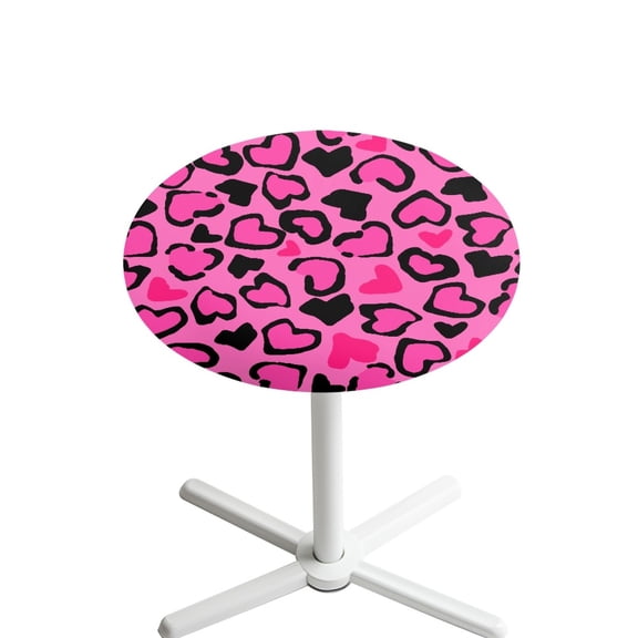 SEANATIVE Spandex Cocktail Table Covers with Elastic Edge Washable Round Table Cloth Highboy Tablecloth Table Topper Cap for Celebrations Parties 24 Inch, Love Heart Shaped Pink Leopard Print