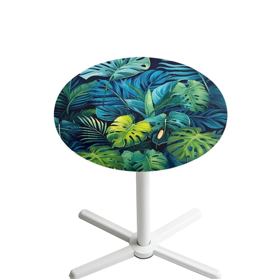 SEANATIVE Spandex Round Table Covers for 24 Inch Cocktail Tables Decorative Small Round Table Topper Cap Tablecloths Elastic Fit for Birthday Parties Events, Dark Green Tropical Monstera Leaves